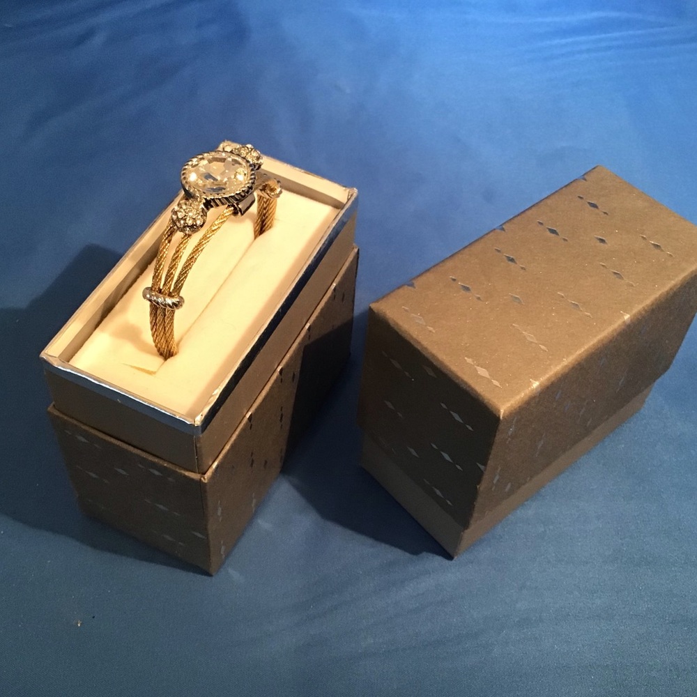 New cuff bracelet, gold tone w/ CZ, in gift box